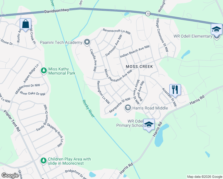 map of restaurants, bars, coffee shops, grocery stores, and more near 1433 Prestbury Road Northwest in Concord