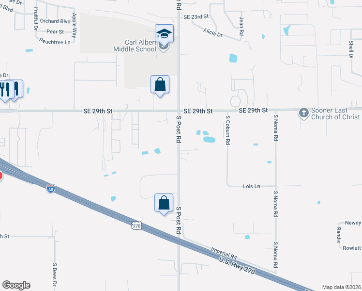 map of restaurants, bars, coffee shops, grocery stores, and more near 3116 South Post Road in Oklahoma City