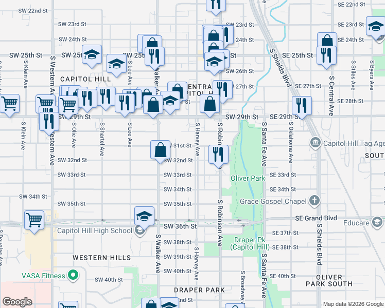 map of restaurants, bars, coffee shops, grocery stores, and more near 3200 South Harvey Avenue in Oklahoma City