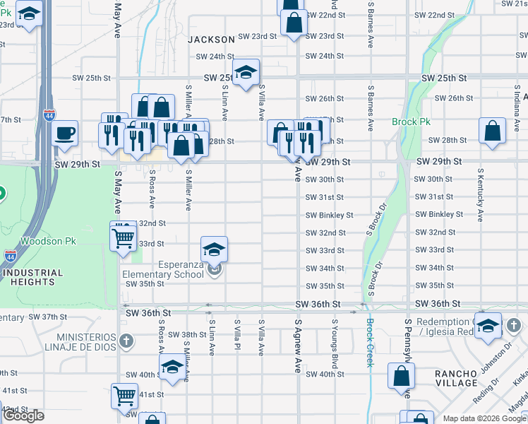 map of restaurants, bars, coffee shops, grocery stores, and more near 3201 South Villa Avenue in Oklahoma City