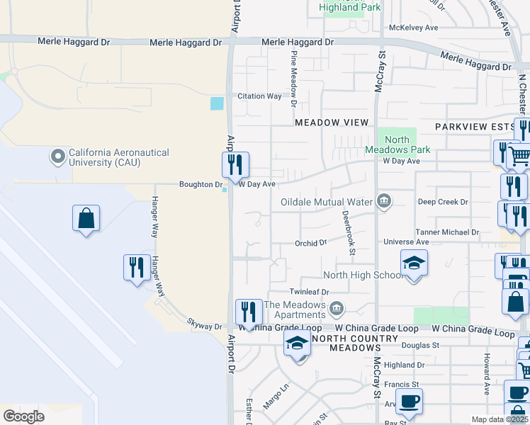 map of restaurants, bars, coffee shops, grocery stores, and more near 2911 Park Meadows Drive in Bakersfield