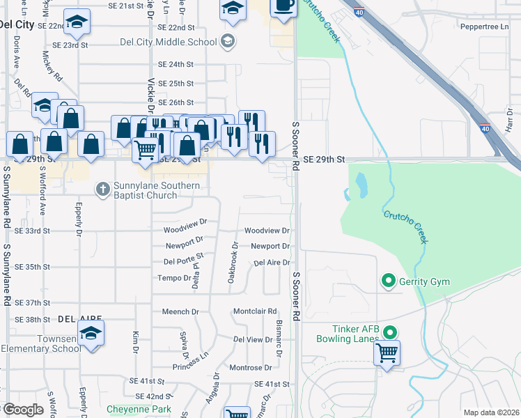 map of restaurants, bars, coffee shops, grocery stores, and more near 4837 Elmview Drive in Del City