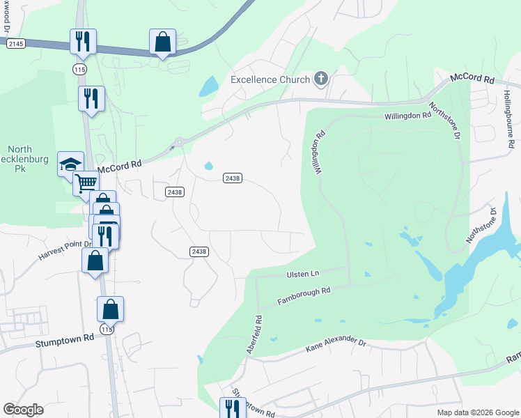 map of restaurants, bars, coffee shops, grocery stores, and more near 10001 Hagers Road in Huntersville