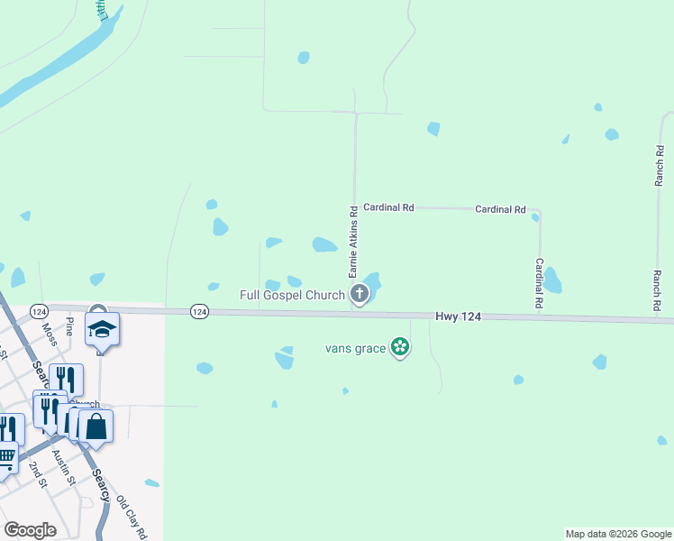 map of restaurants, bars, coffee shops, grocery stores, and more near 118 Earnie Atkins Road in Pangburn