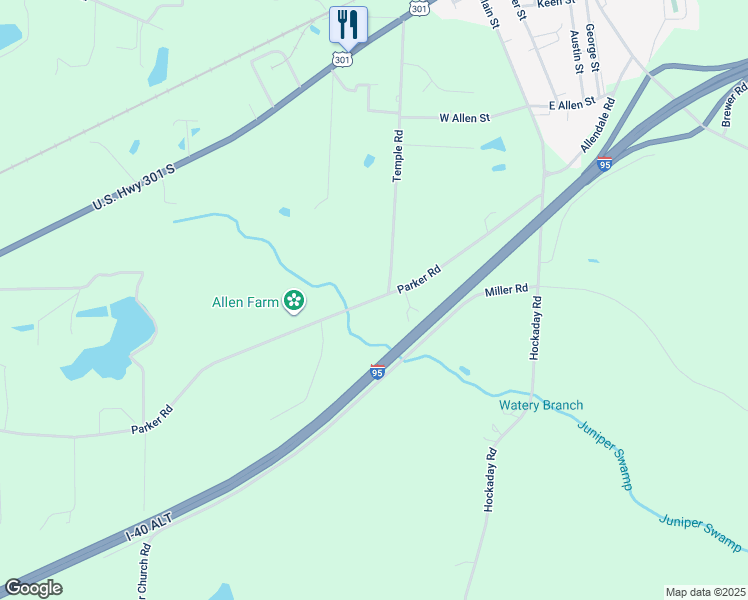 map of restaurants, bars, coffee shops, grocery stores, and more near Parker Road in Four Oaks
