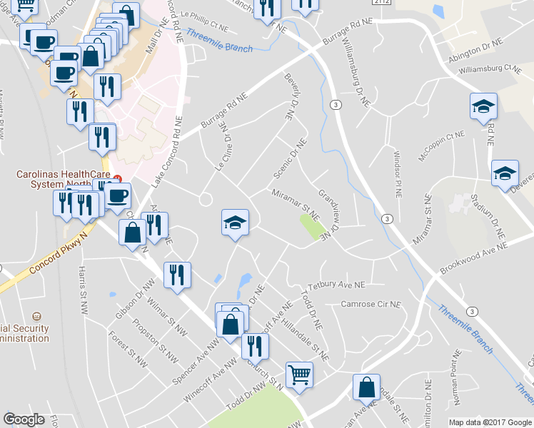 map of restaurants, bars, coffee shops, grocery stores, and more near 136 Palaside Drive Northeast in Concord