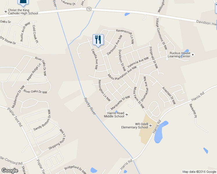 map of restaurants, bars, coffee shops, grocery stores, and more near 1495 Haverford Road Northwest in Concord