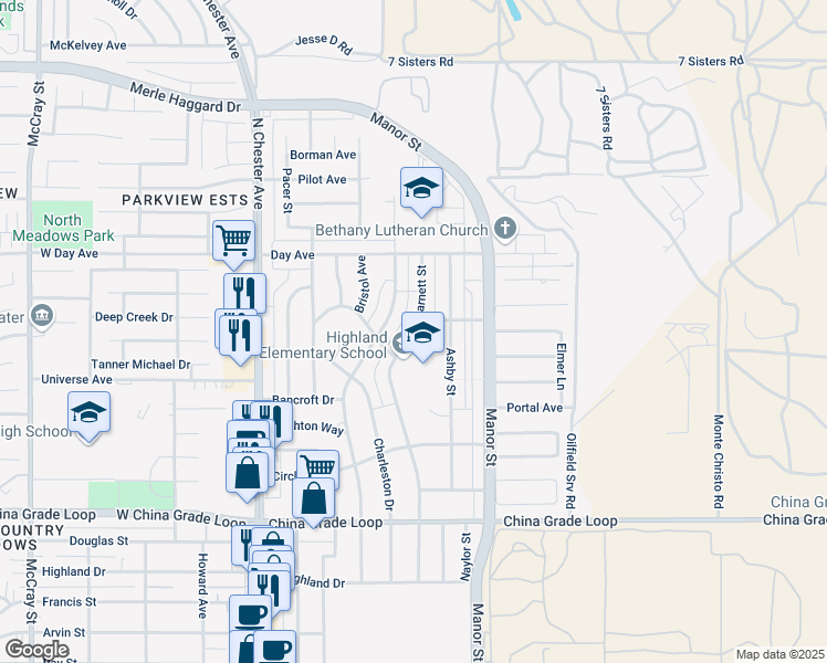 map of restaurants, bars, coffee shops, grocery stores, and more near 2900 Barnett Street in Bakersfield