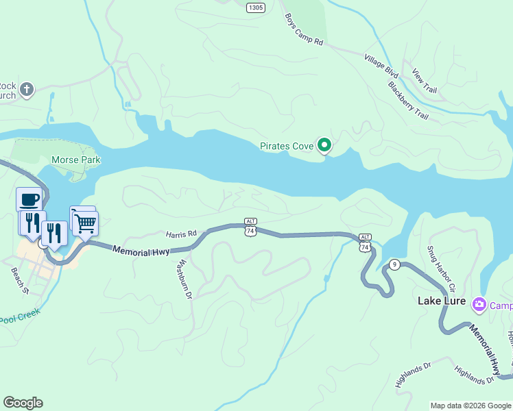 map of restaurants, bars, coffee shops, grocery stores, and more near 262 Seton Road in Lake Lure