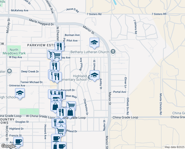 map of restaurants, bars, coffee shops, grocery stores, and more near 3000 Olympic Drive in Bakersfield