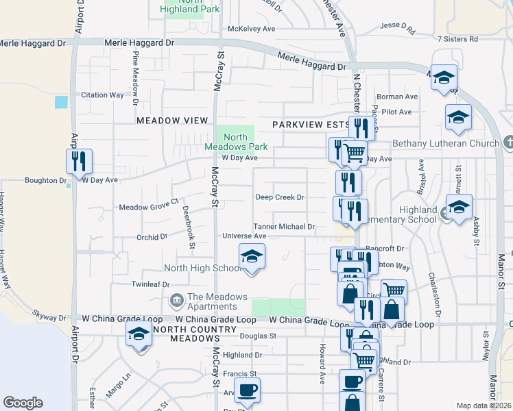 map of restaurants, bars, coffee shops, grocery stores, and more near 3007 Meadow Ridge Avenue in Bakersfield