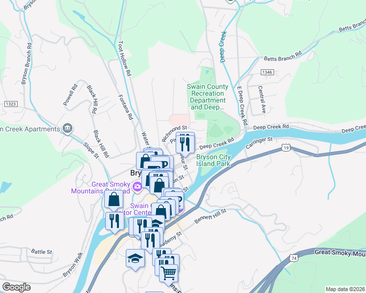 map of restaurants, bars, coffee shops, grocery stores, and more near 201 Ramseur Street in Bryson City