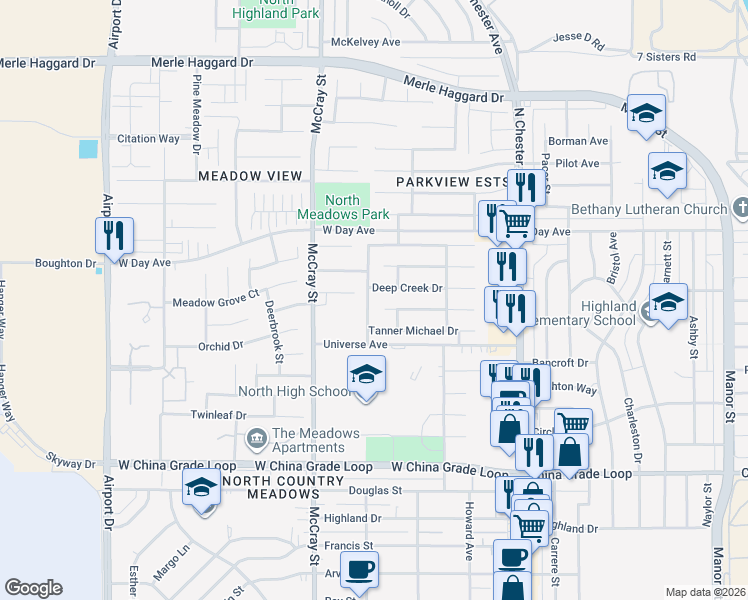 map of restaurants, bars, coffee shops, grocery stores, and more near 3007 Meadow Ridge Avenue in Bakersfield