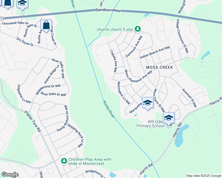 map of restaurants, bars, coffee shops, grocery stores, and more near 1428 Astoria Lane Northwest in Concord