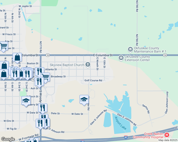 map of restaurants, bars, coffee shops, grocery stores, and more near 723 East Atlanta Street in Okemah