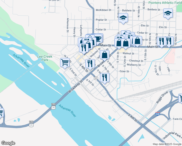 map of restaurants, bars, coffee shops, grocery stores, and more near 418 Broadway Street in Van Buren