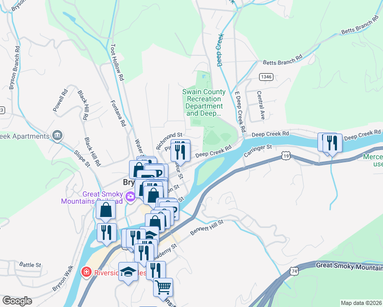 map of restaurants, bars, coffee shops, grocery stores, and more near 30 Park Street in Bryson City