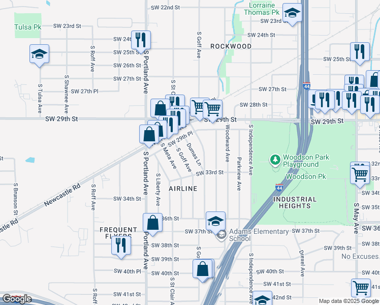 map of restaurants, bars, coffee shops, grocery stores, and more near 3205 Dumas Lane in Oklahoma City