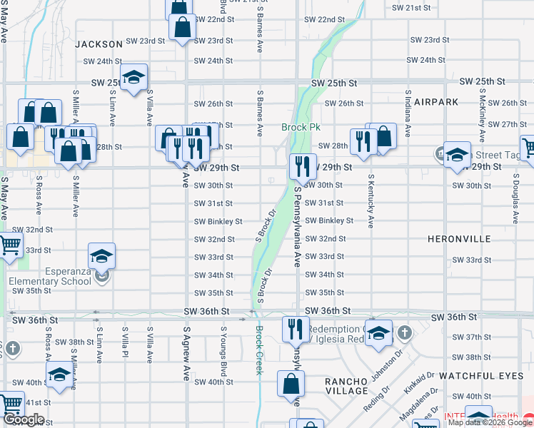 map of restaurants, bars, coffee shops, grocery stores, and more near 3207 1/2 South Brock Drive in Oklahoma City