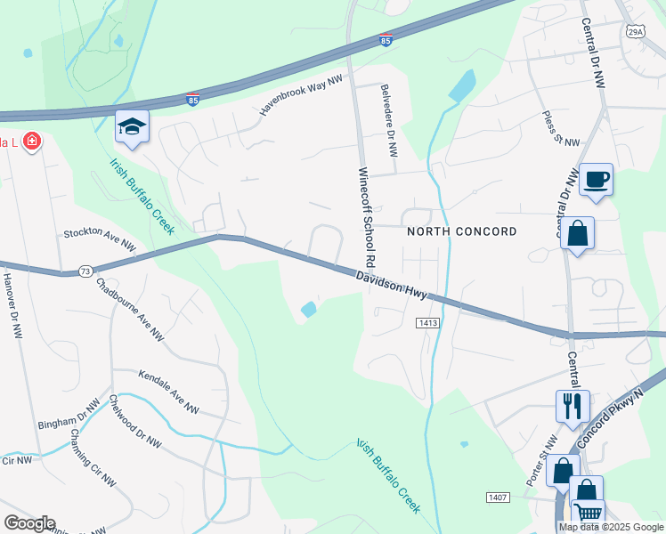 map of restaurants, bars, coffee shops, grocery stores, and more near 2860 Mountcrest Circle Northwest in Concord