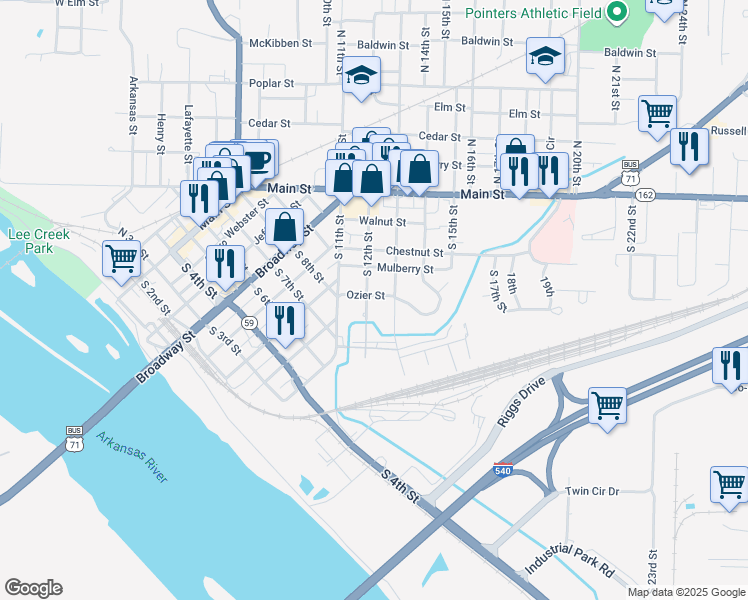 map of restaurants, bars, coffee shops, grocery stores, and more near 1212 Ozier Street in Van Buren