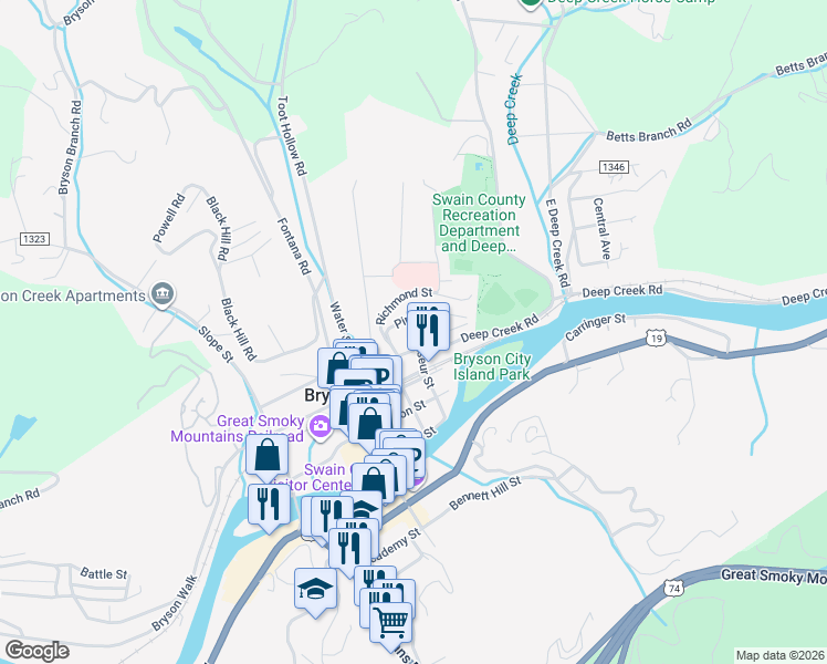 map of restaurants, bars, coffee shops, grocery stores, and more near 201 Ramseur Street in Bryson City