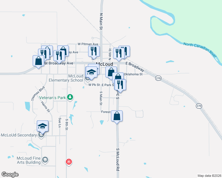map of restaurants, bars, coffee shops, grocery stores, and more near 312 South 4th Street in McLoud