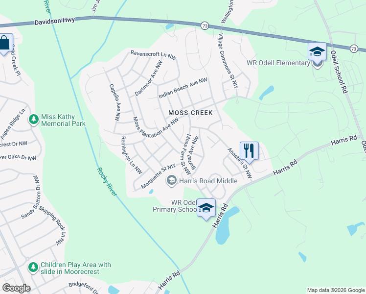 map of restaurants, bars, coffee shops, grocery stores, and more near 1415 Duckhorn Street Northwest in Concord