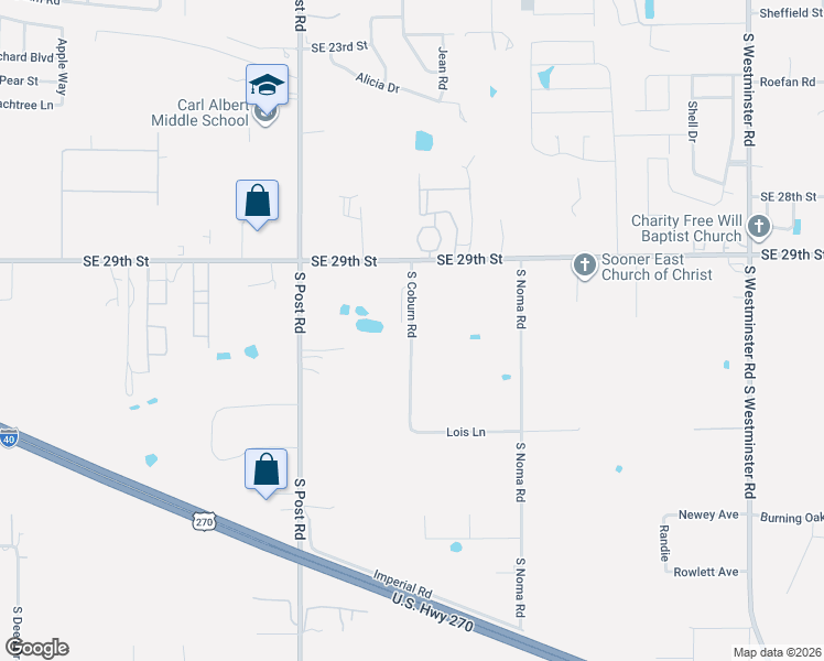 map of restaurants, bars, coffee shops, grocery stores, and more near 3200 South Coburn Road in Oklahoma City