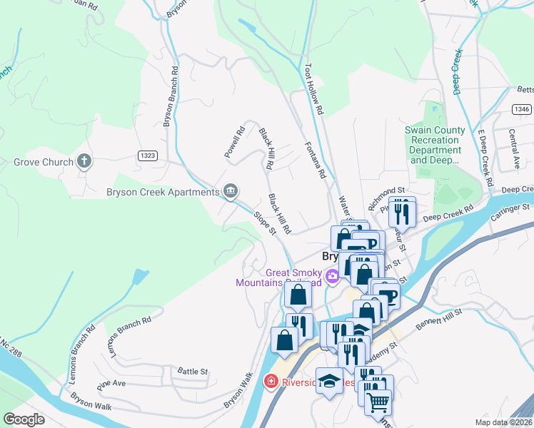 map of restaurants, bars, coffee shops, grocery stores, and more near 51 Morning Star Drive in Bryson City