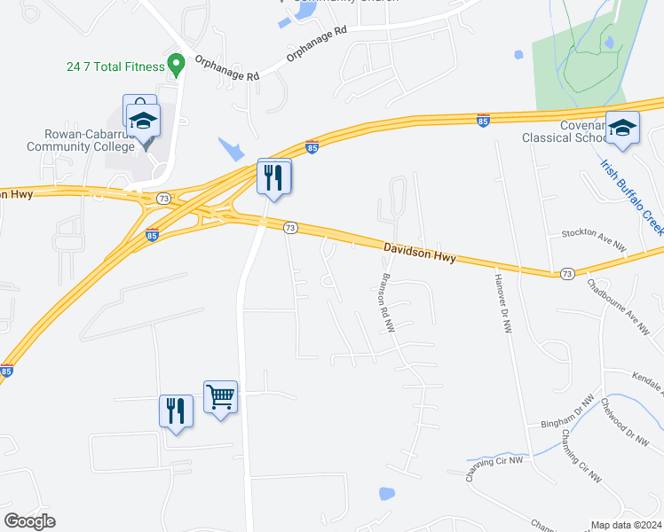 map of restaurants, bars, coffee shops, grocery stores, and more near 1200 Rural Drive Northwest in Concord