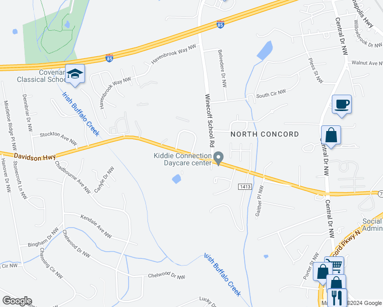 map of restaurants, bars, coffee shops, grocery stores, and more near 2719 Mountcrest Circle Northwest in Concord