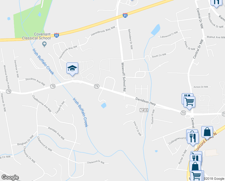 map of restaurants, bars, coffee shops, grocery stores, and more near 2723 Mountcrest Circle Northwest in Concord