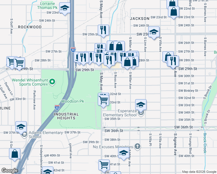 map of restaurants, bars, coffee shops, grocery stores, and more near 2820 Southwest 31st Street in Oklahoma City