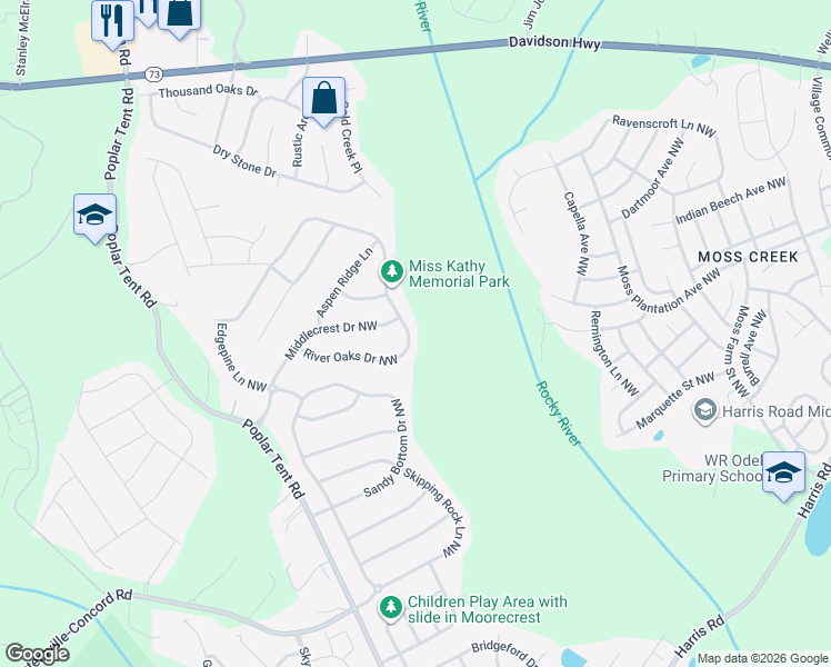 map of restaurants, bars, coffee shops, grocery stores, and more near 10926 River Oaks Drive Northwest in Concord
