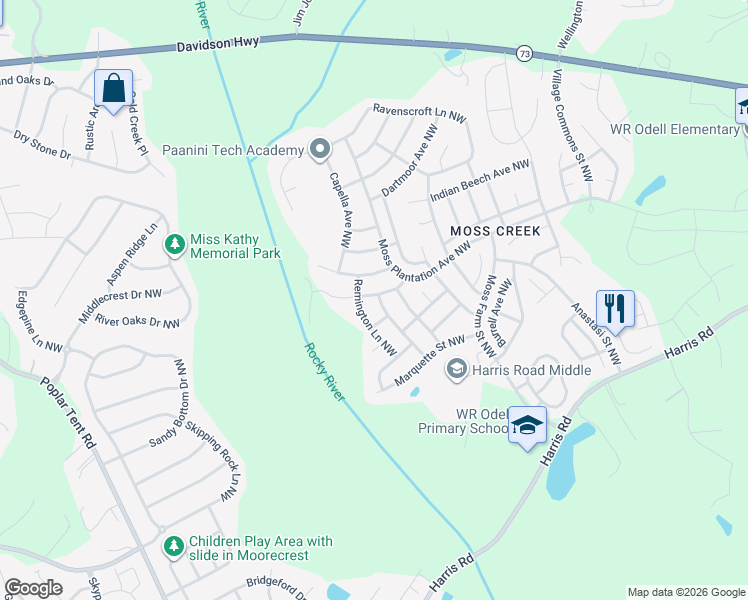 map of restaurants, bars, coffee shops, grocery stores, and more near 1495 Haverford Road Northwest in Concord