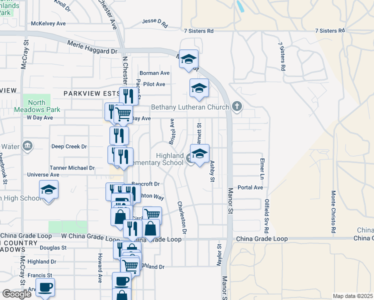 map of restaurants, bars, coffee shops, grocery stores, and more near 3000 Olympic Dr in Bakersfield