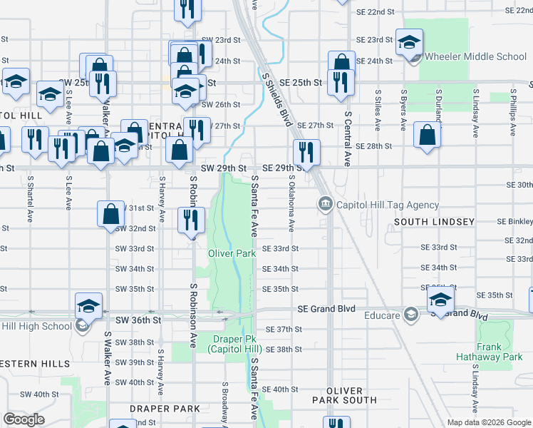 map of restaurants, bars, coffee shops, grocery stores, and more near 10 Southeast 31st Street in Oklahoma City