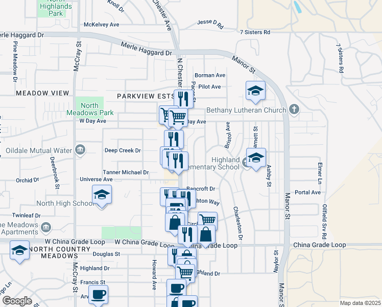 map of restaurants, bars, coffee shops, grocery stores, and more near 2919 Peerless Avenue in Bakersfield