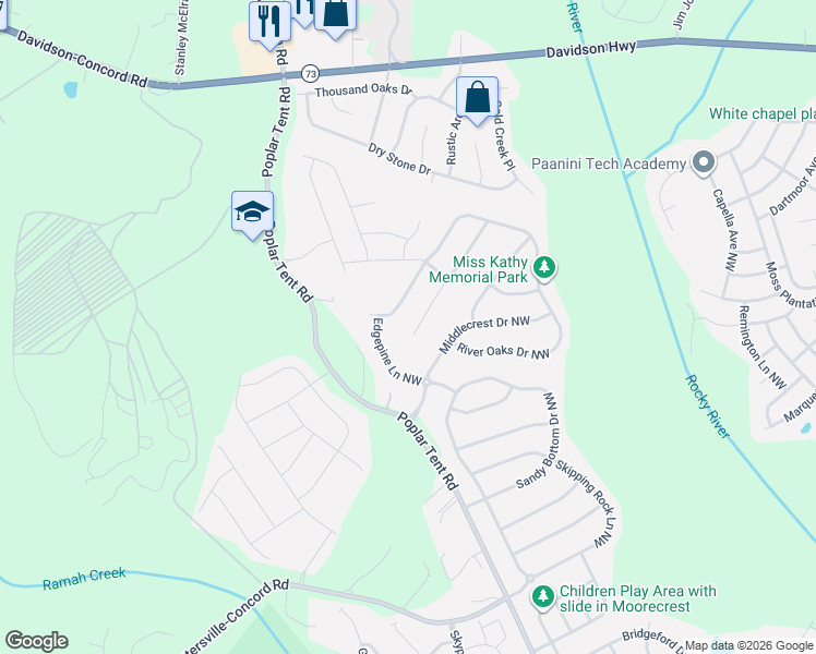 map of restaurants, bars, coffee shops, grocery stores, and more near 1471 Overlea Place Northwest in Concord