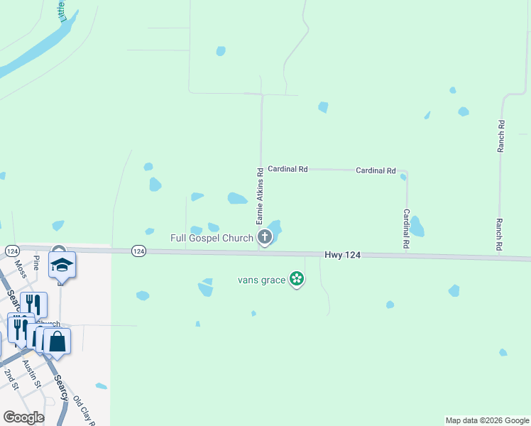 map of restaurants, bars, coffee shops, grocery stores, and more near 118 Earnie Atkins Road in Pangburn