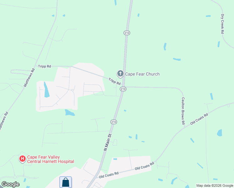 map of restaurants, bars, coffee shops, grocery stores, and more near 38 Gregory Village Drive in Lillington