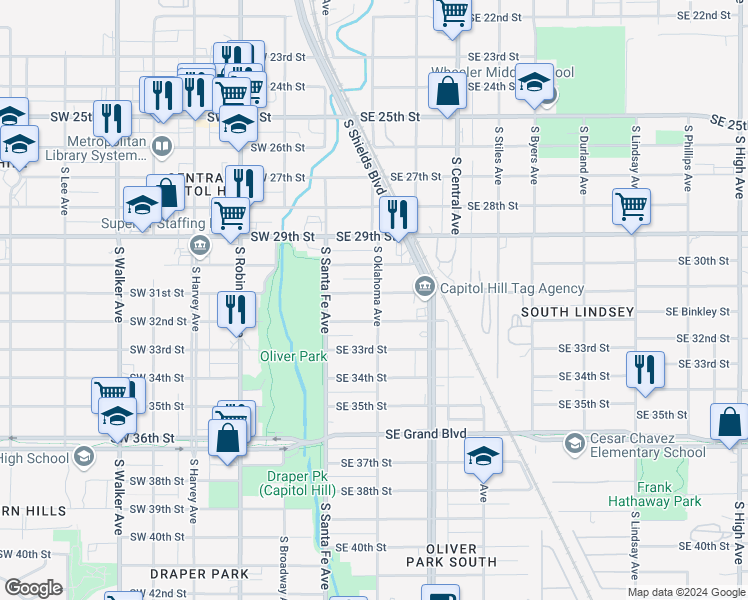 map of restaurants, bars, coffee shops, grocery stores, and more near 48 Southeast 31st Street in Oklahoma City