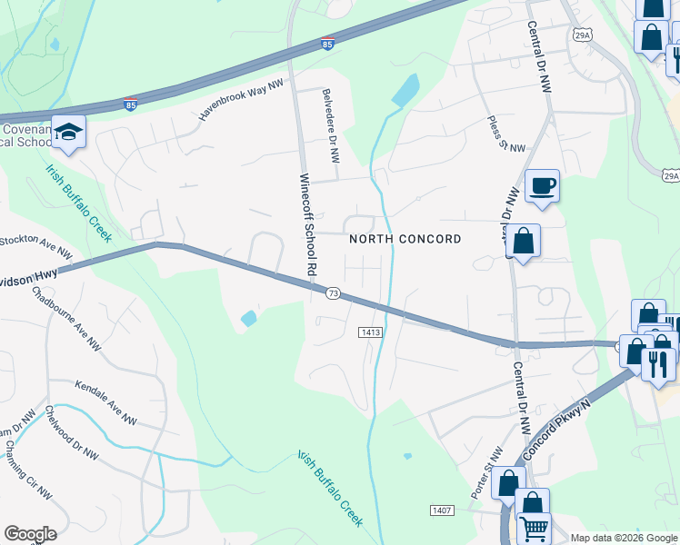 map of restaurants, bars, coffee shops, grocery stores, and more near 1167 Belmont Court Northwest in Concord