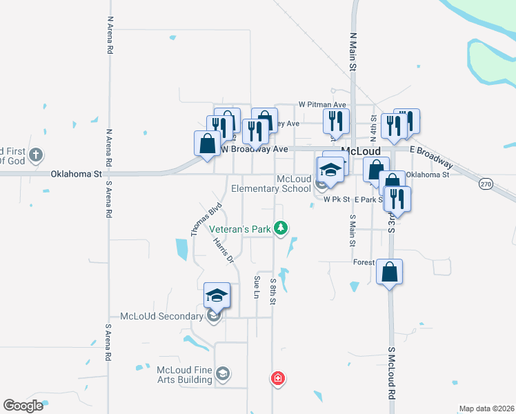map of restaurants, bars, coffee shops, grocery stores, and more near 23501 North 8th Street in McLoud