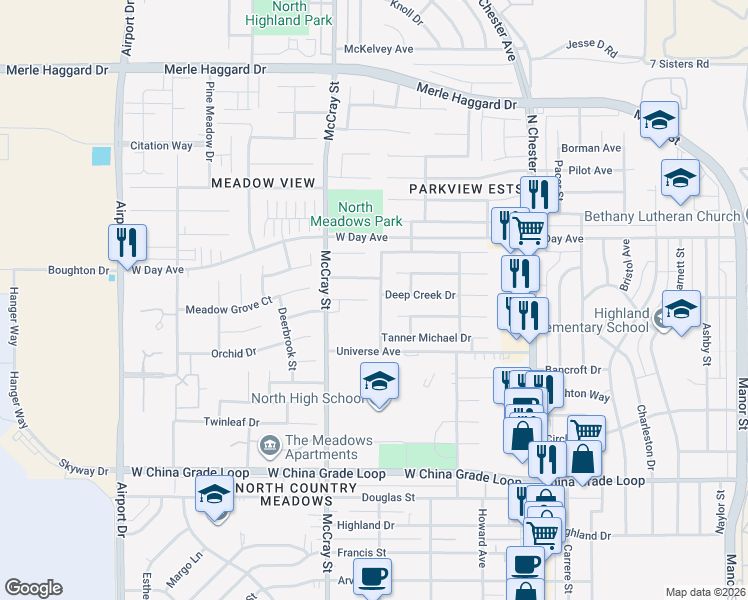 map of restaurants, bars, coffee shops, grocery stores, and more near 3007 Meadow Ridge Avenue in Bakersfield