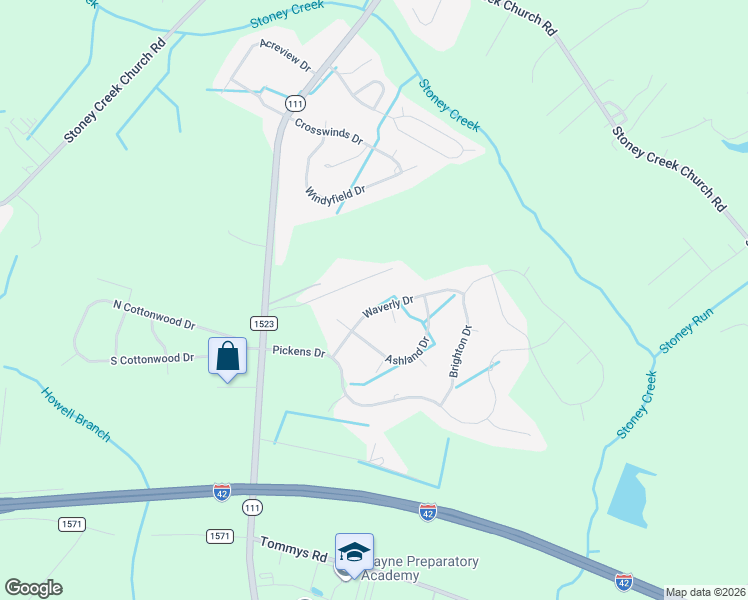 map of restaurants, bars, coffee shops, grocery stores, and more near 207 Waverly Drive in Goldsboro