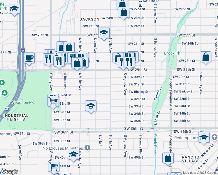 map of restaurants, bars, coffee shops, grocery stores, and more near 3201 South Villa Avenue in Oklahoma City