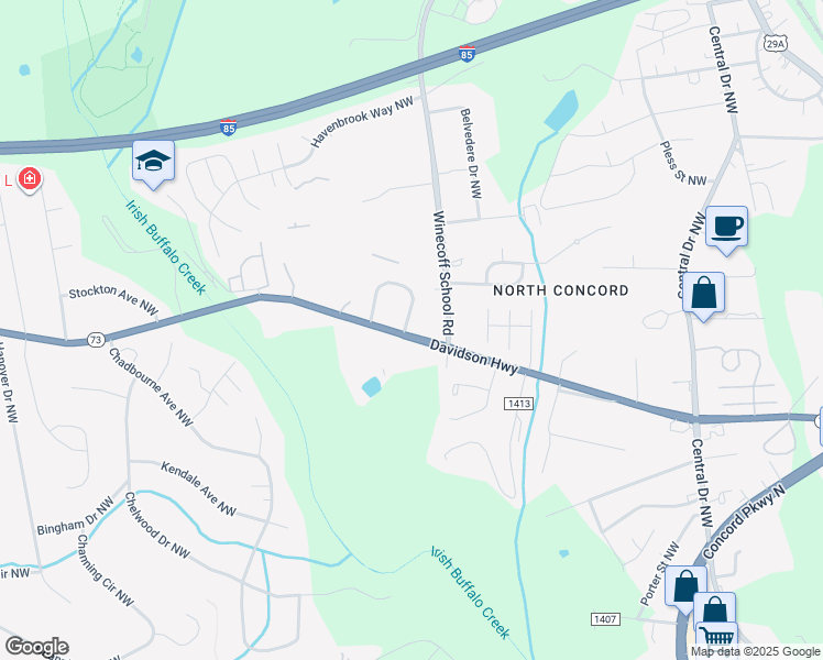 map of restaurants, bars, coffee shops, grocery stores, and more near 2860 Mountcrest Circle Northwest in Concord