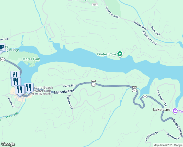 map of restaurants, bars, coffee shops, grocery stores, and more near 262 Seton Road in Lake Lure